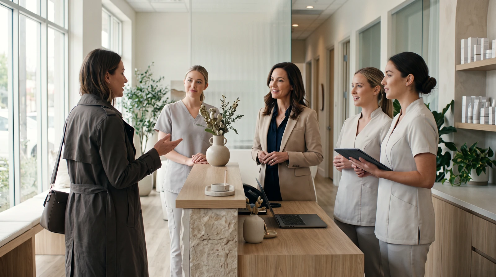 A med spa owner and her team welcome a client at reception