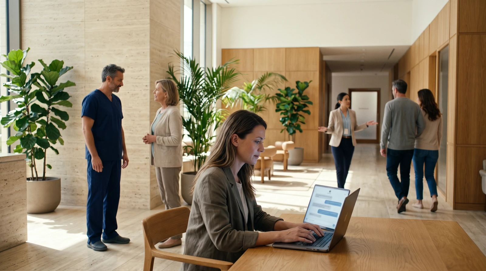 A woman asks an AI chat a question in a busy clinic lobby