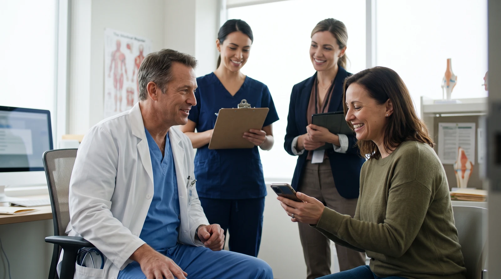A surgeon talks with a patient in a bright consult room