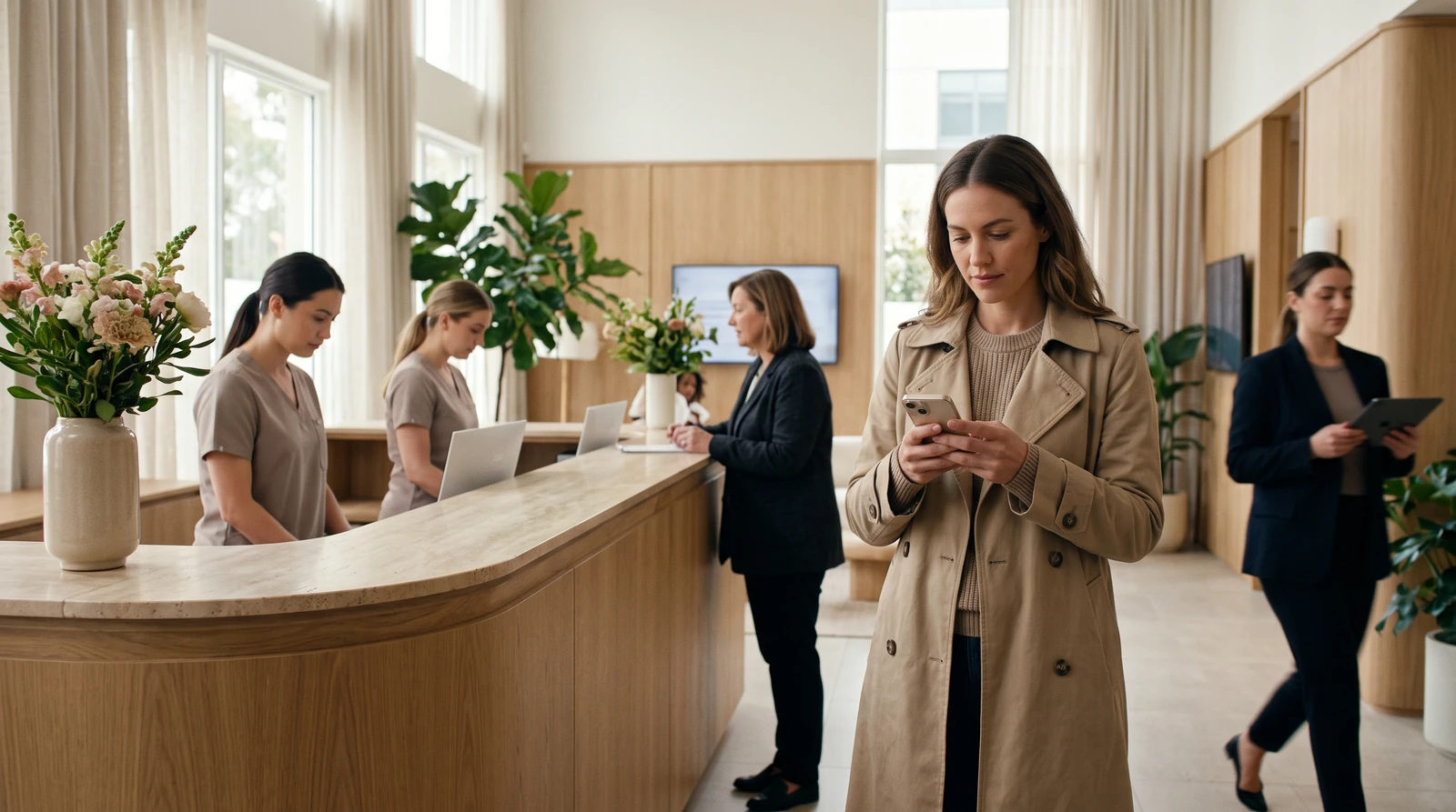 A woman checks her phone at a busy plastic surgery clinic reception