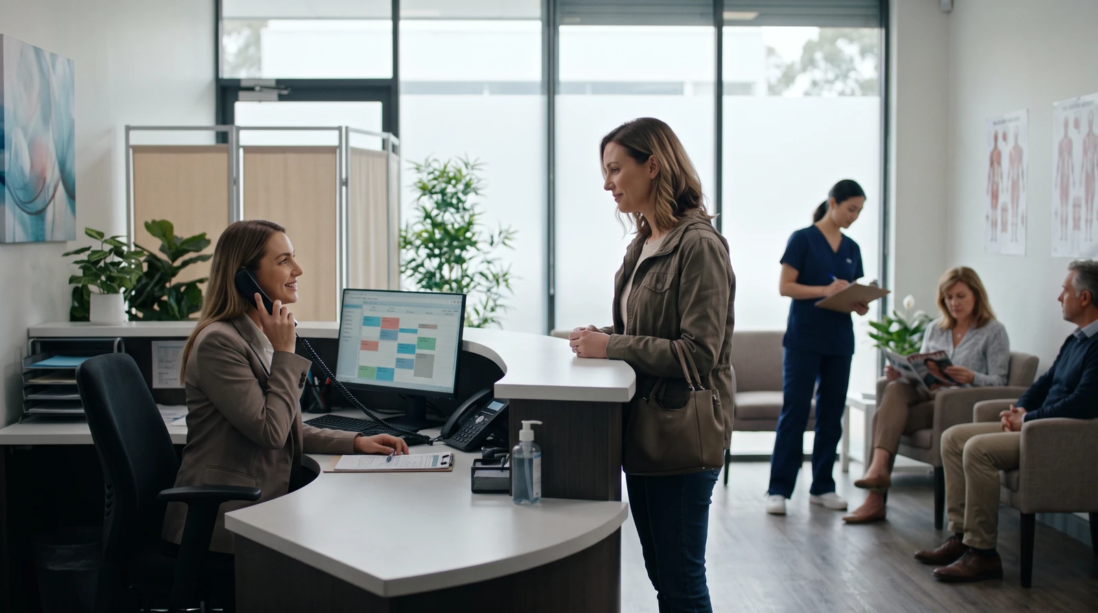 A coordinator takes a consultation request at the clinic front desk