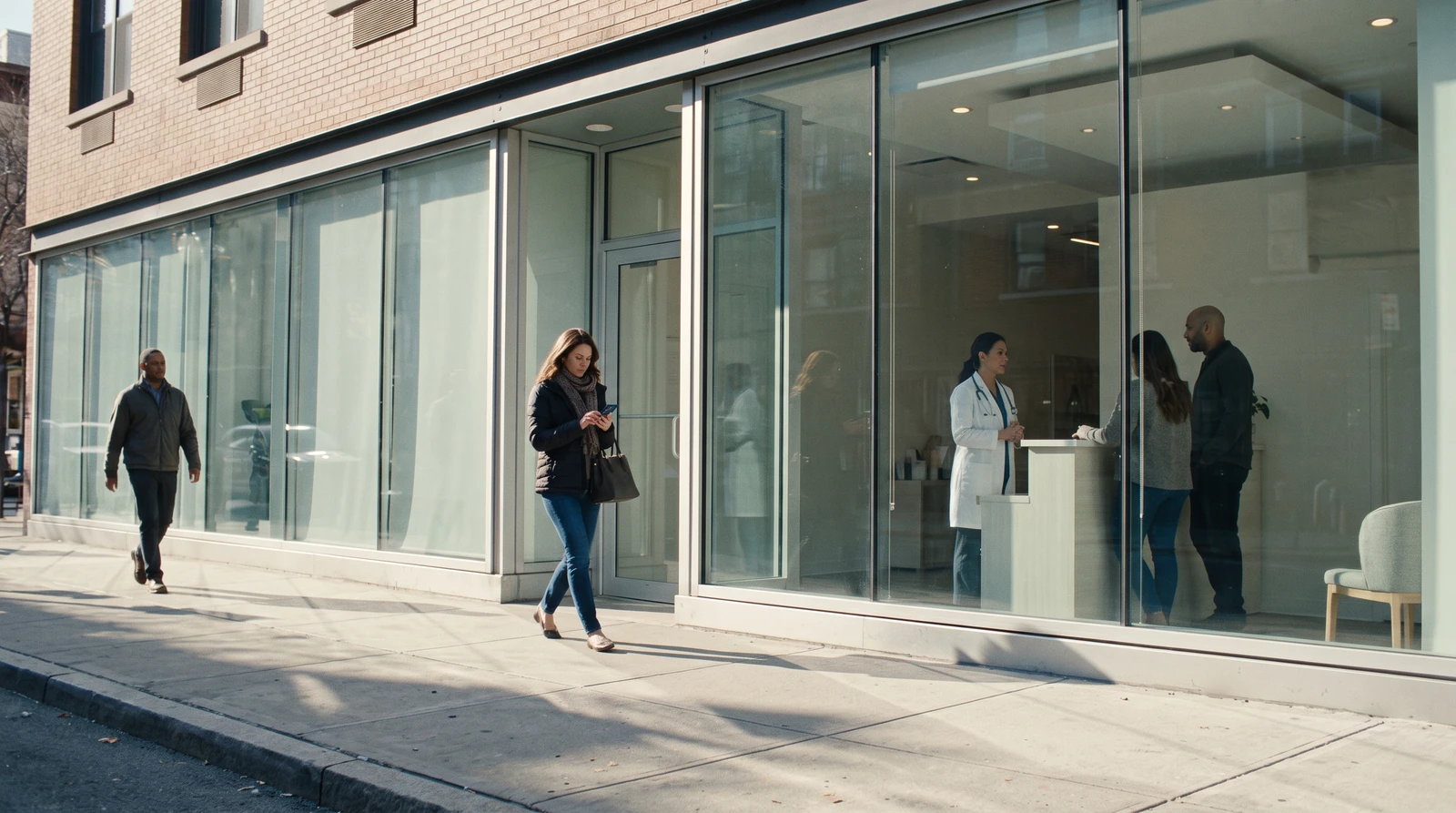 A woman checks a map on her phone outside a bright med spa