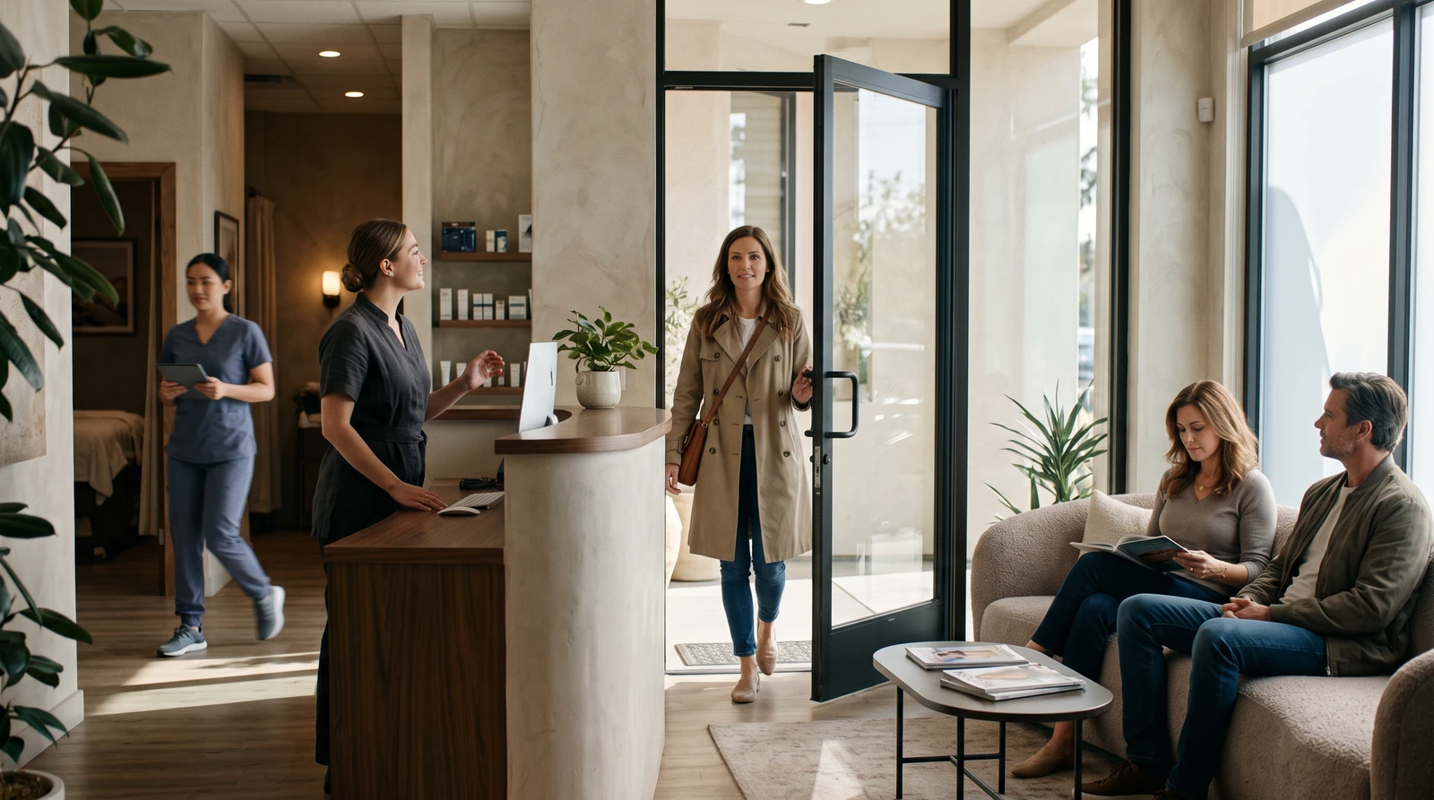 A woman walks into a busy med spa and is greeted at reception