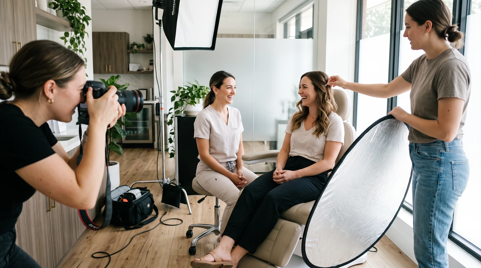 A photographer shoots a practitioner and her client