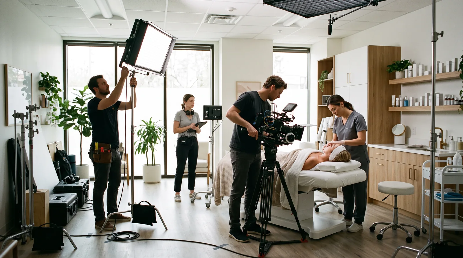 A film crew shoots in a bright med spa treatment room