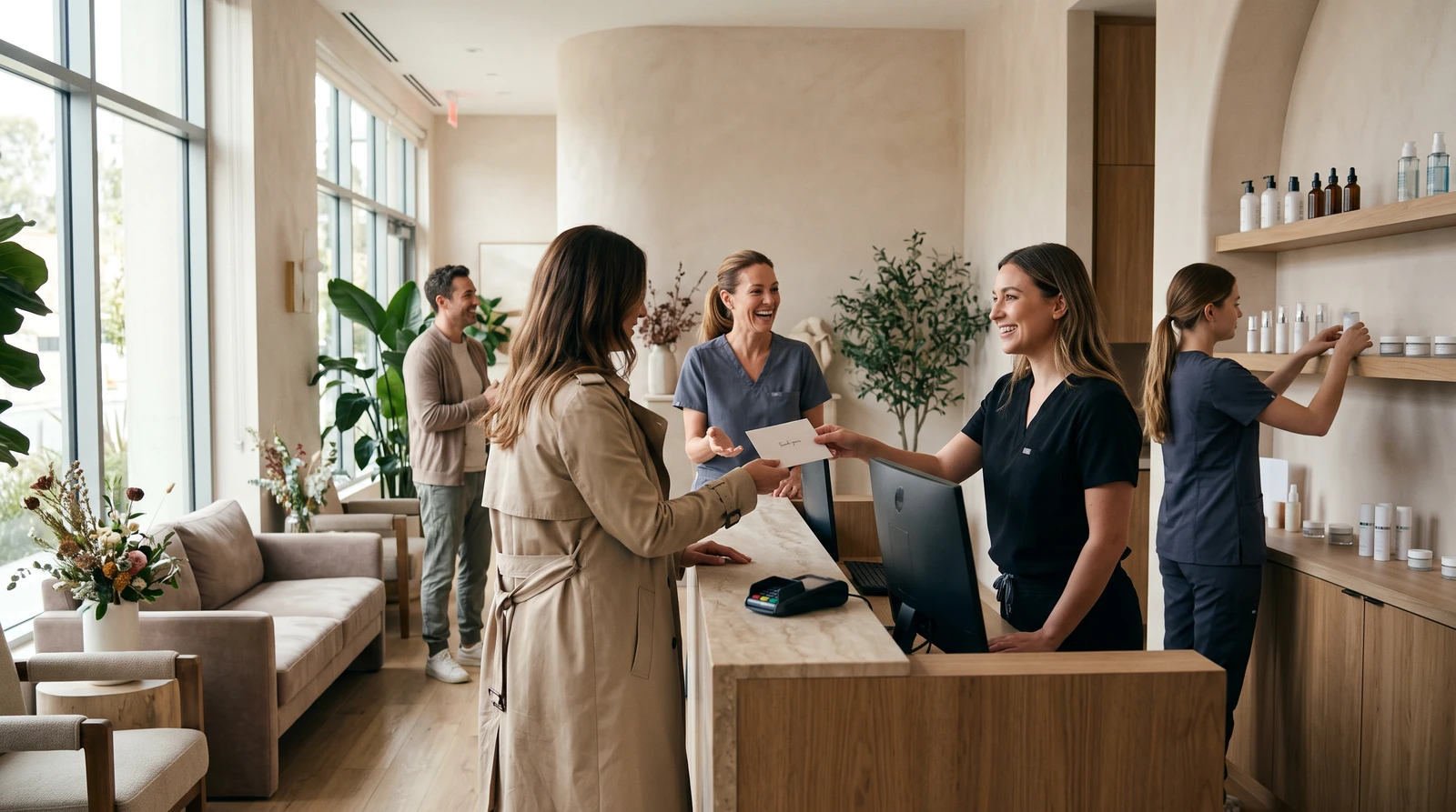 A receptionist hands a client a thank-you card at checkout