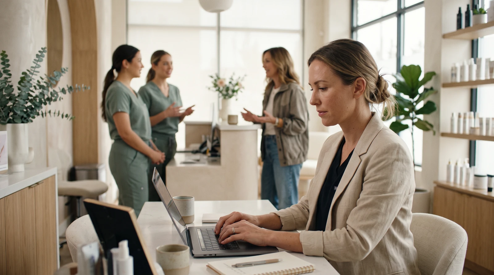 A med spa owner types a reply at her desk