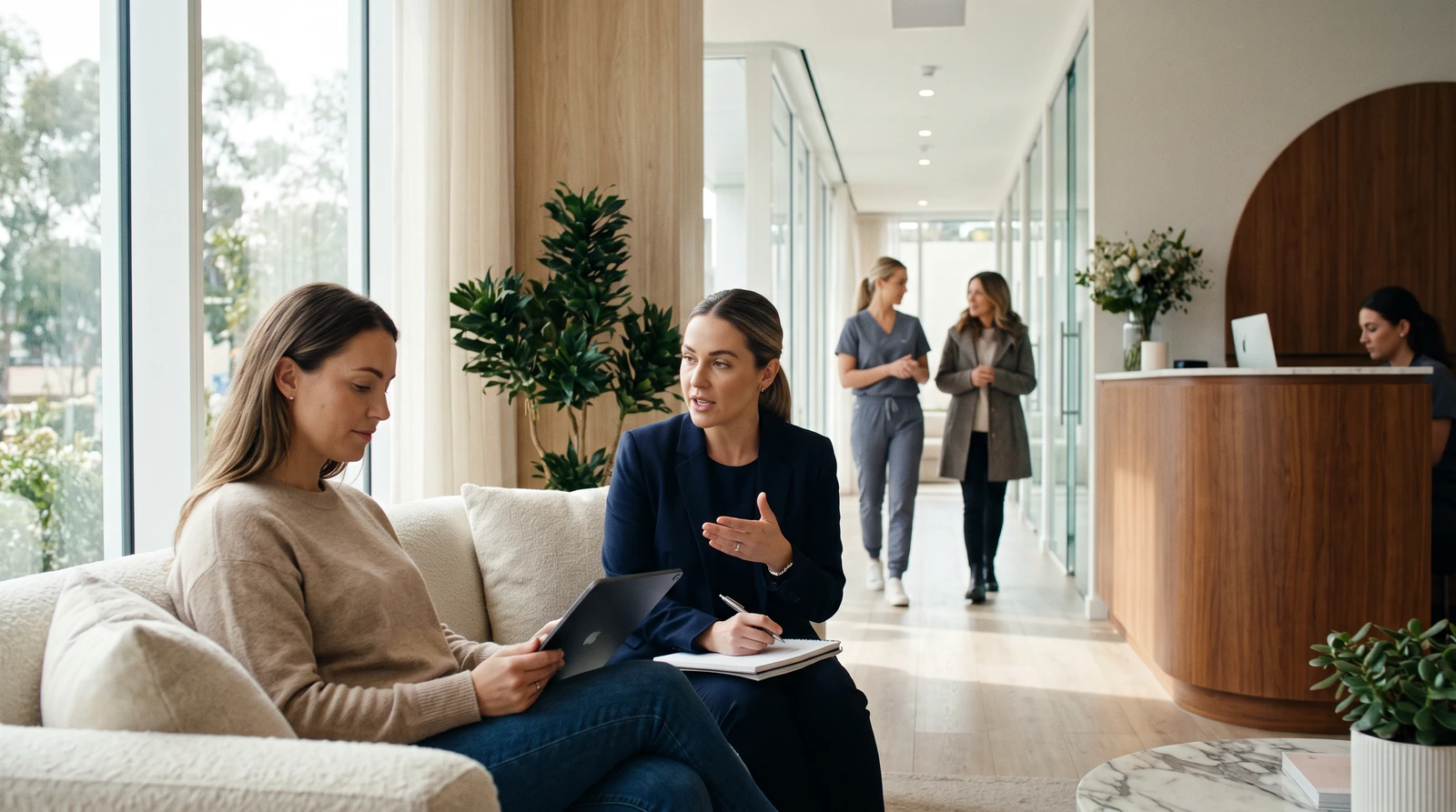 A woman reads about a treatment on a tablet with a patient coordinator