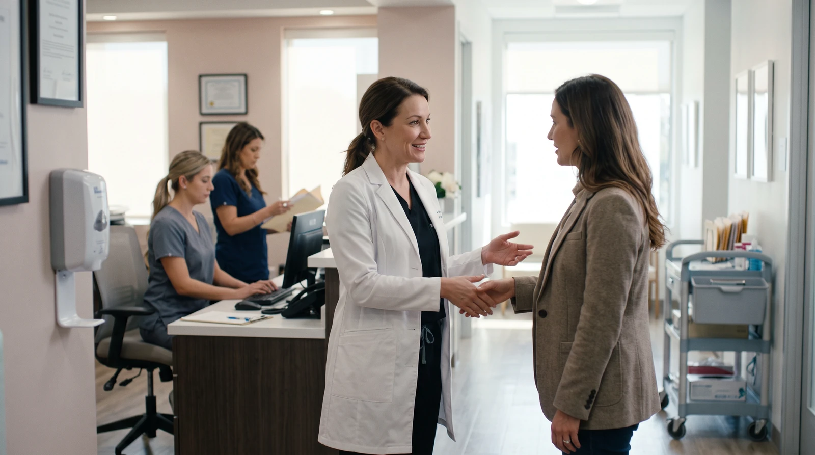 A practitioner greets a patient in a bright clinic hallway